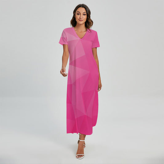 Pink Polygonal Geometric Print Short Sleeve Maxi Dress