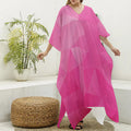 Pink Polygonal Geometric Print Silk V-Neck Kaftan Dress