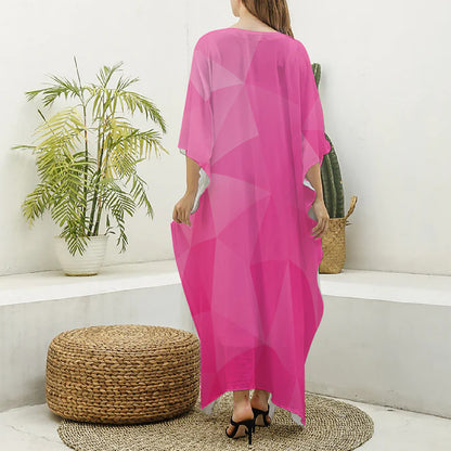 Pink Polygonal Geometric Print Silk V-Neck Kaftan Dress