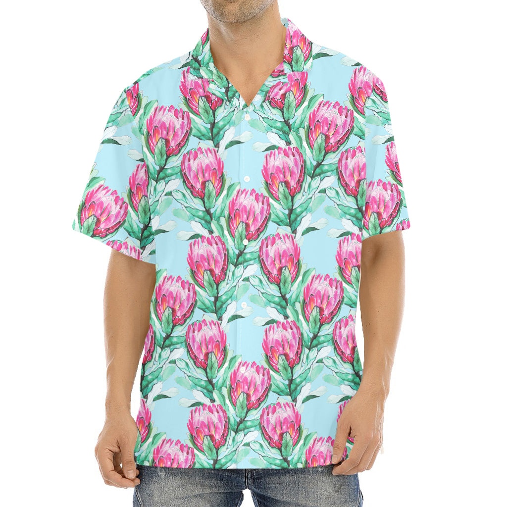 Pink Protea Pattern Print Aloha Shirt