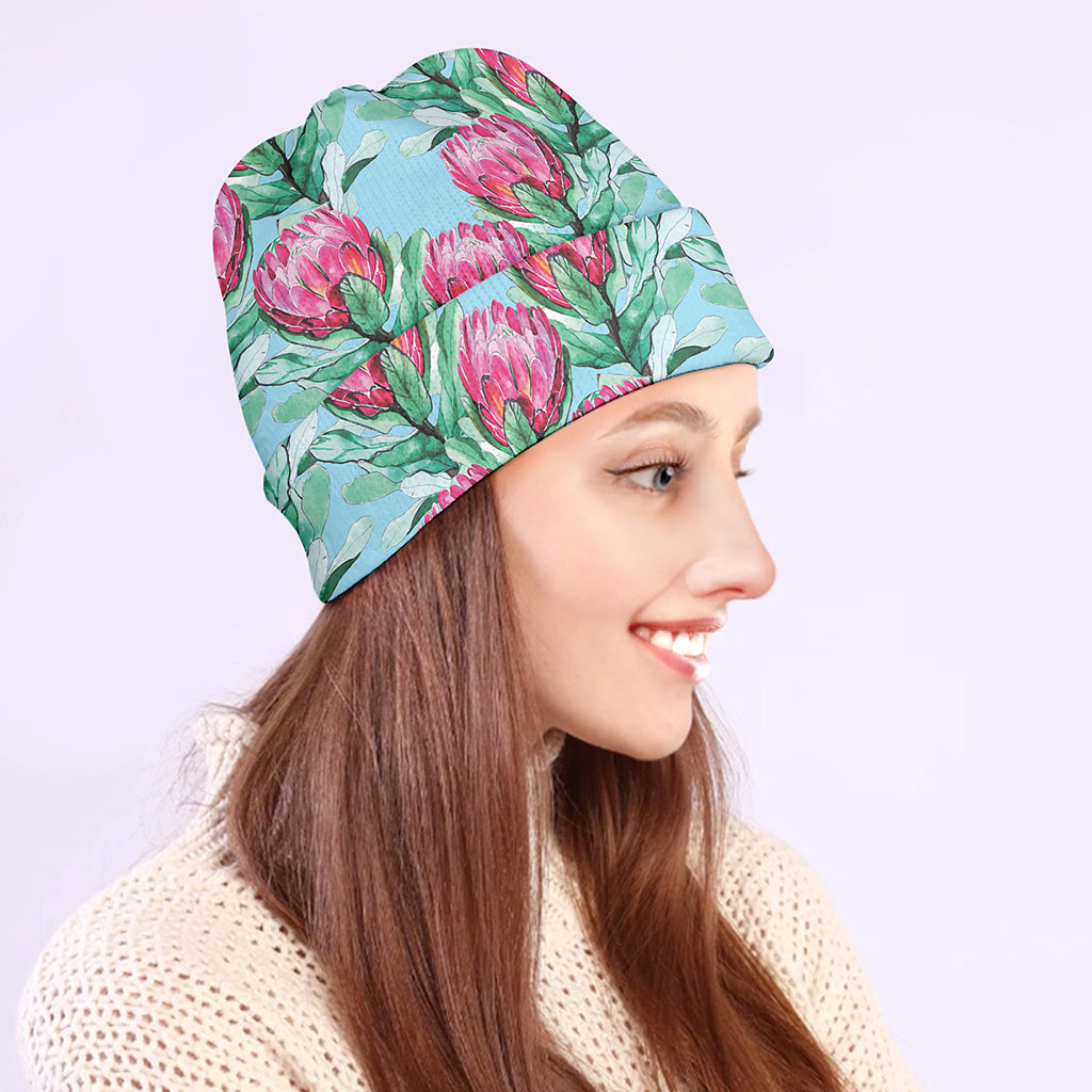 Pink Protea Pattern Print Beanie