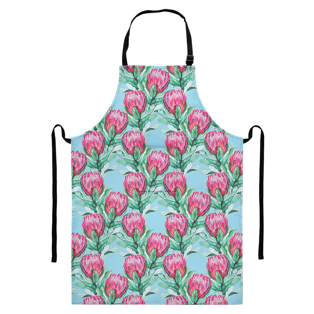 Pink Protea Pattern Print Bib Apron With Pocket