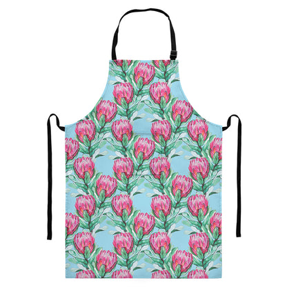 Pink Protea Pattern Print Bib Apron With Pocket