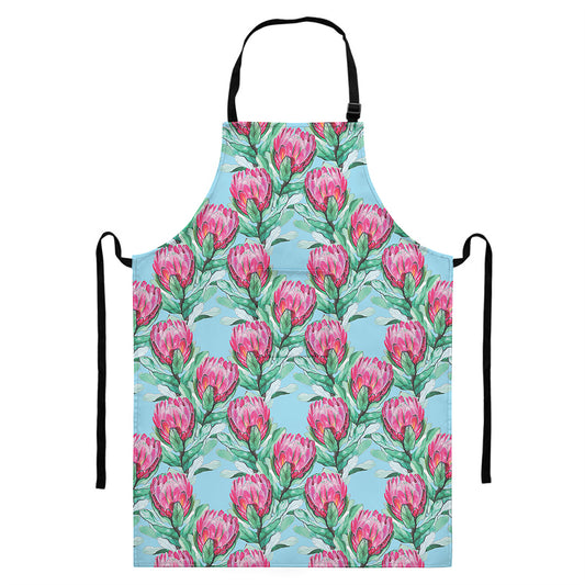 Pink Protea Pattern Print Bib Apron With Pocket