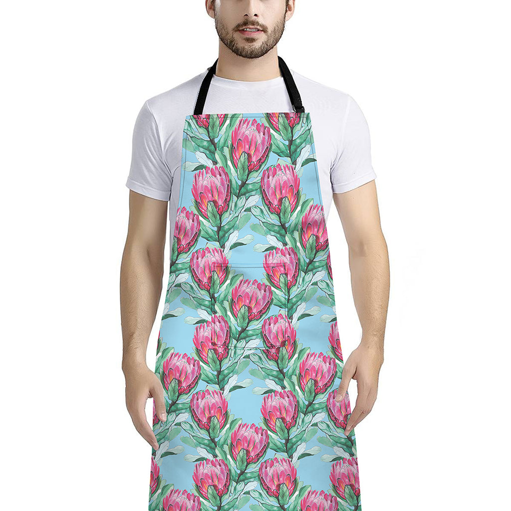 Pink Protea Pattern Print Bib Apron With Pocket