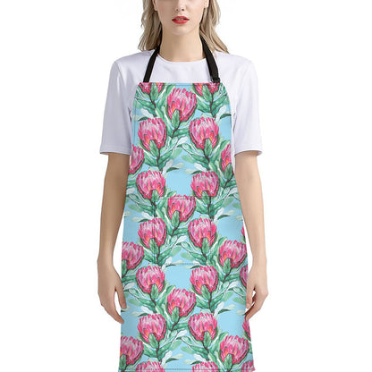 Pink Protea Pattern Print Bib Apron With Pocket