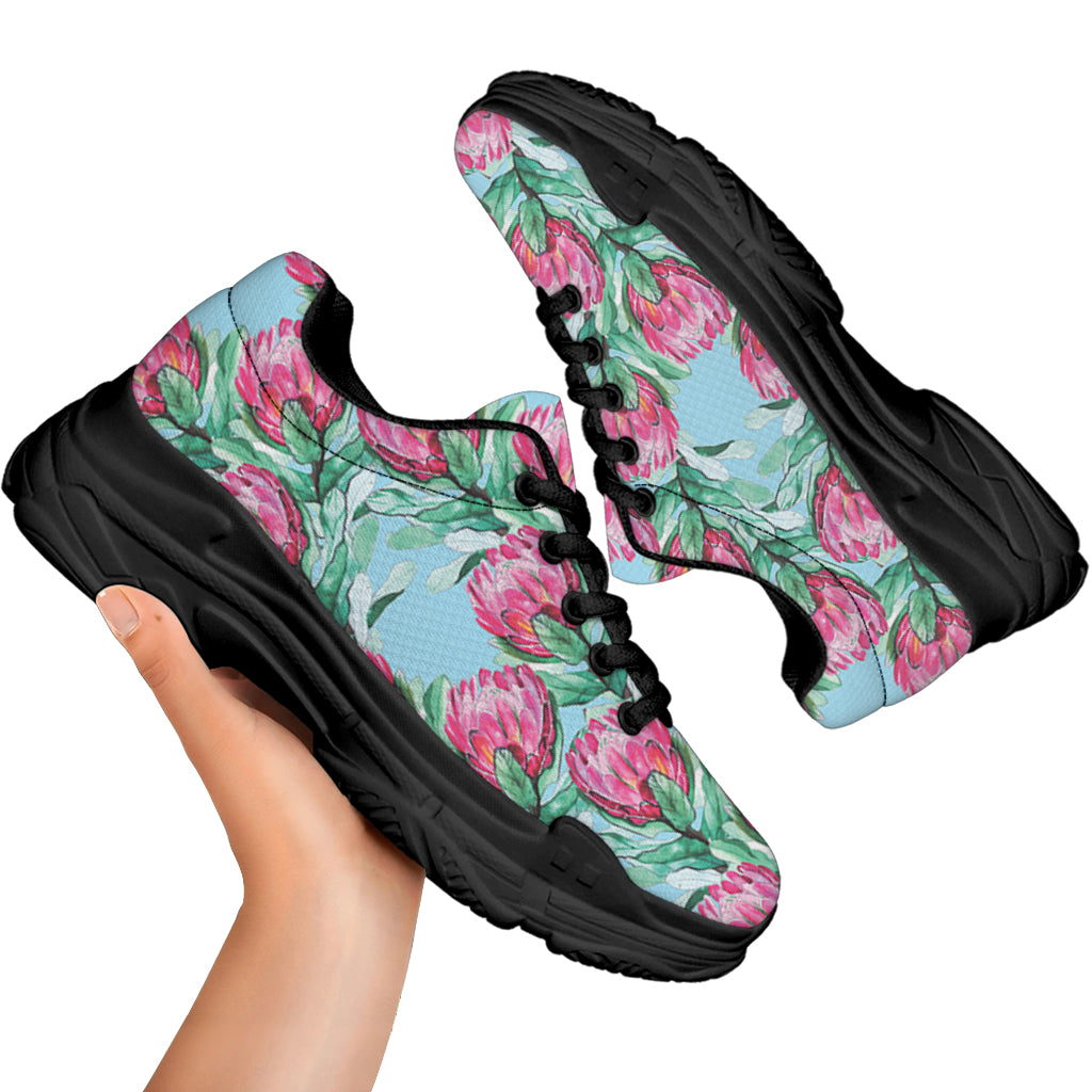 Pink Protea Pattern Print Black Chunky Shoes