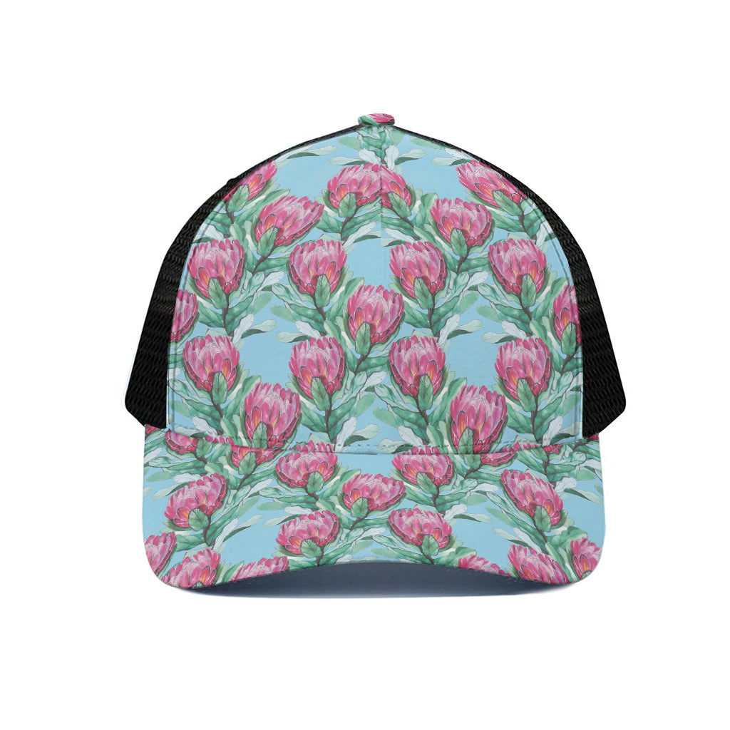 Pink Protea Pattern Print Black Mesh Trucker Cap