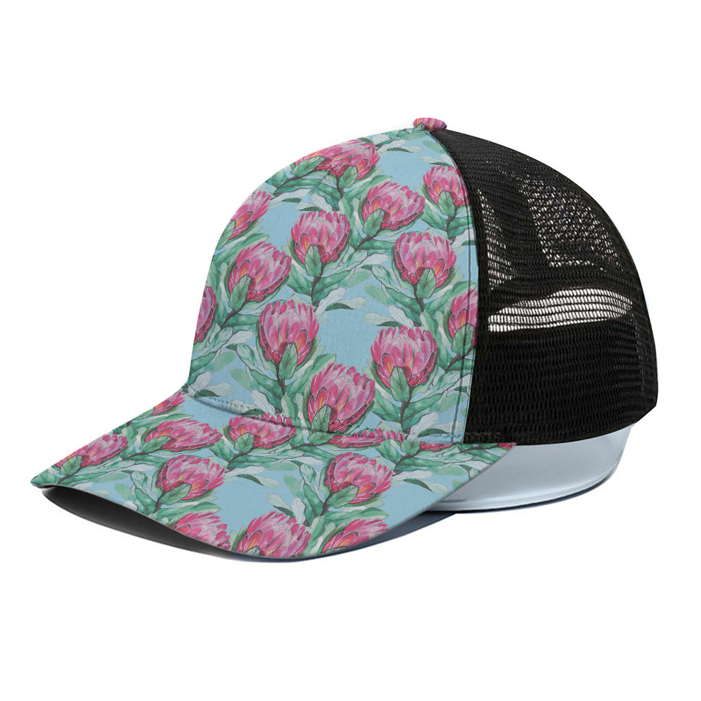 Pink Protea Pattern Print Black Mesh Trucker Cap