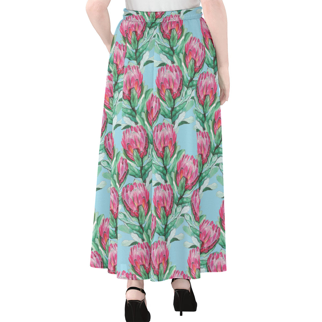 Pink Protea Pattern Print Chiffon Maxi Skirt