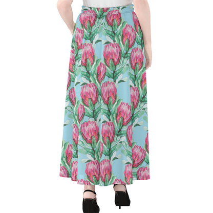 Pink Protea Pattern Print Chiffon Maxi Skirt