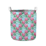 Pink Protea Pattern Print Collapsible Laundry Basket