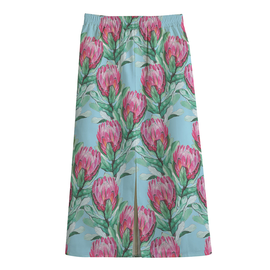 Pink Protea Pattern Print Cotton Front Slit Maxi Skirt