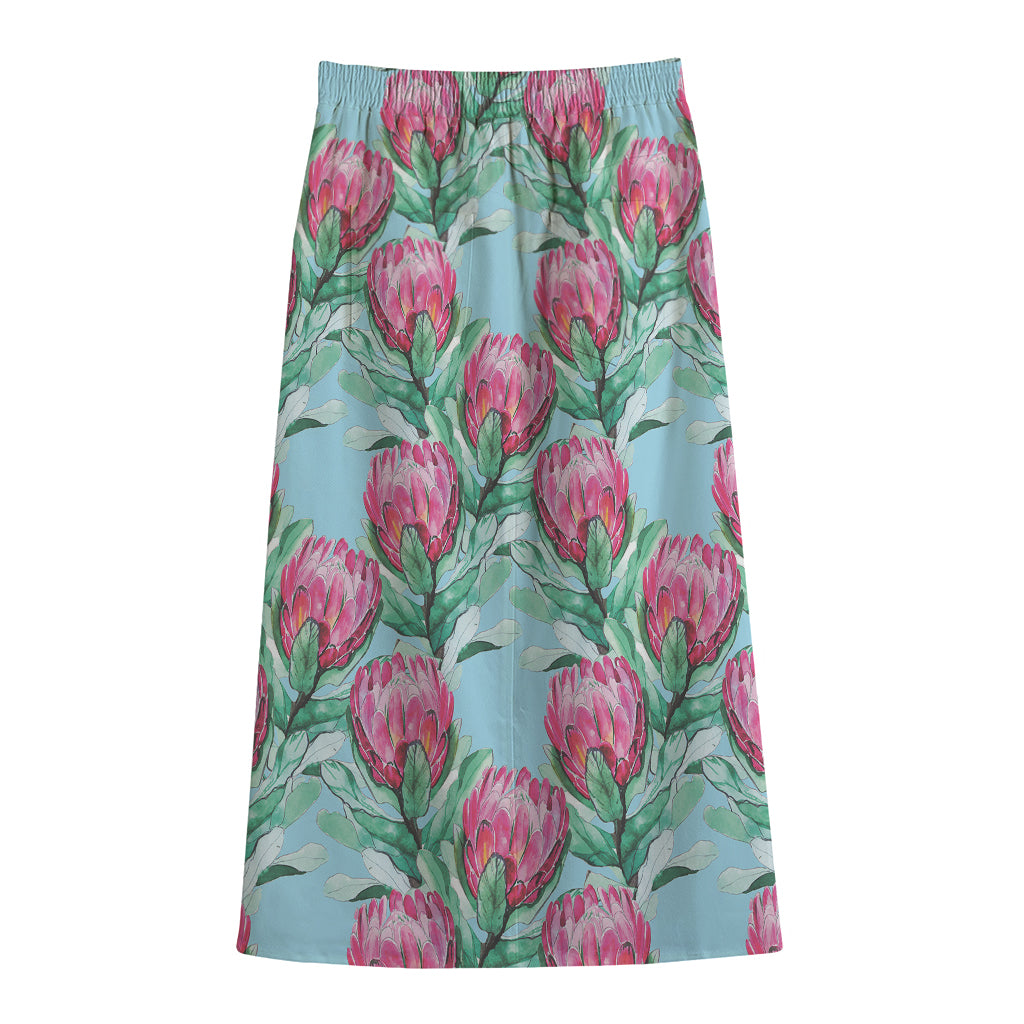 Pink Protea Pattern Print Cotton Front Slit Maxi Skirt