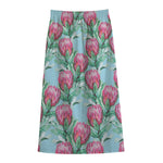 Pink Protea Pattern Print Cotton Front Slit Maxi Skirt