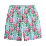 Pink Protea Pattern Print Cotton Shorts