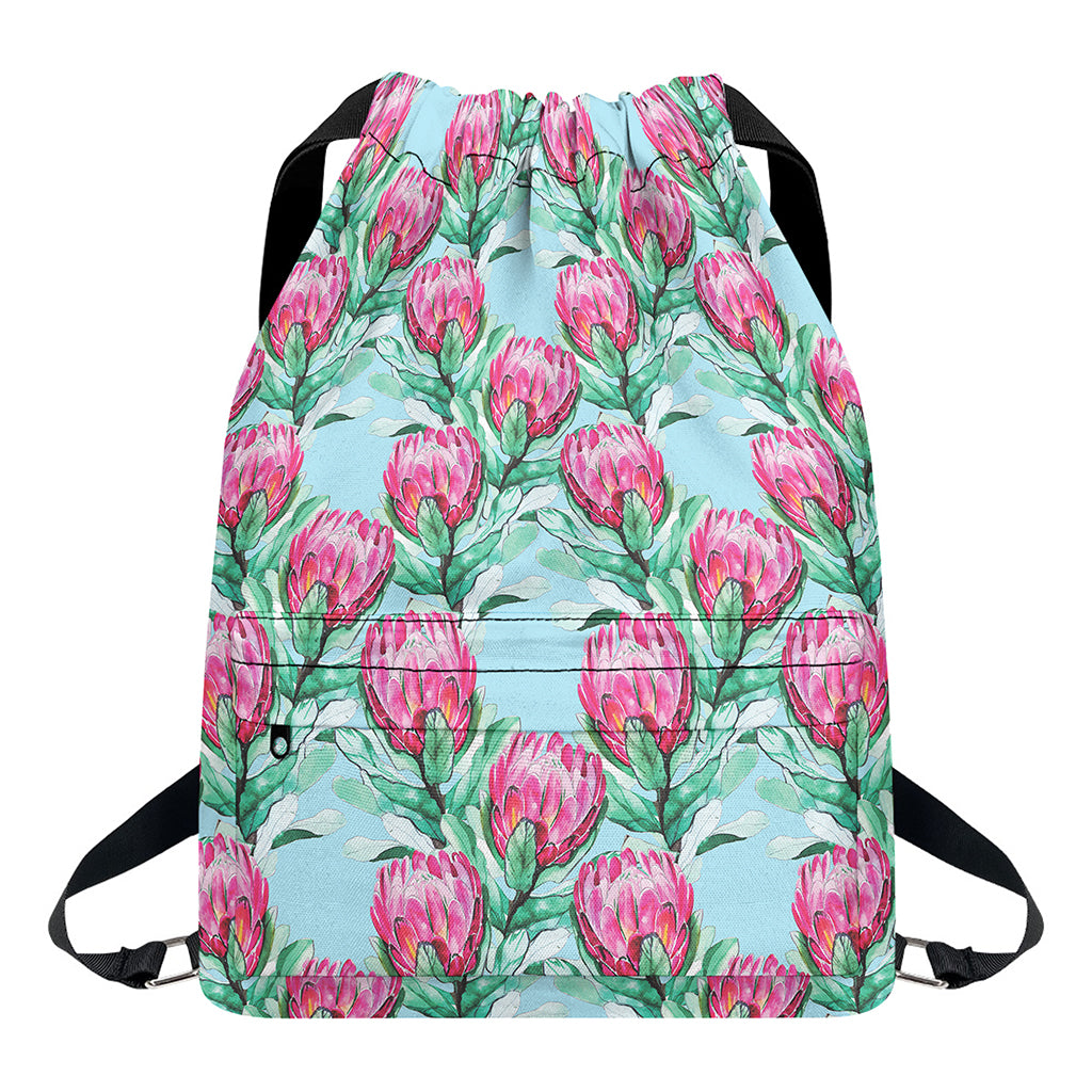 Pink Protea Pattern Print Drawstring Backpack