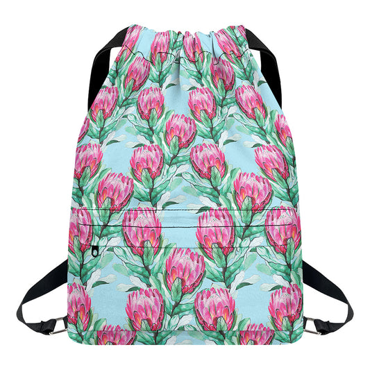 Pink Protea Pattern Print Drawstring Backpack