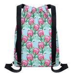 Pink Protea Pattern Print Drawstring Backpack