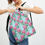 Pink Protea Pattern Print Drawstring Backpack