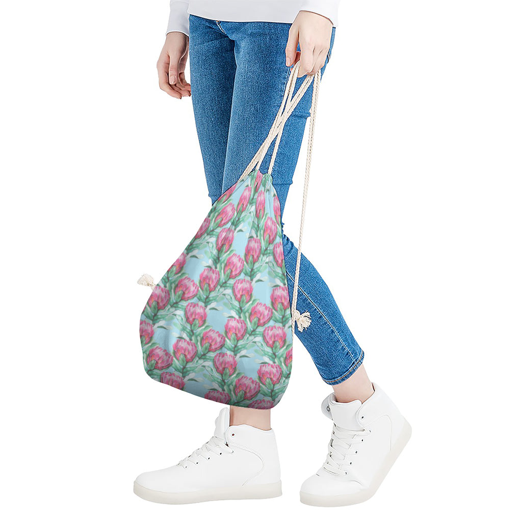 Pink Protea Pattern Print Drawstring Bag