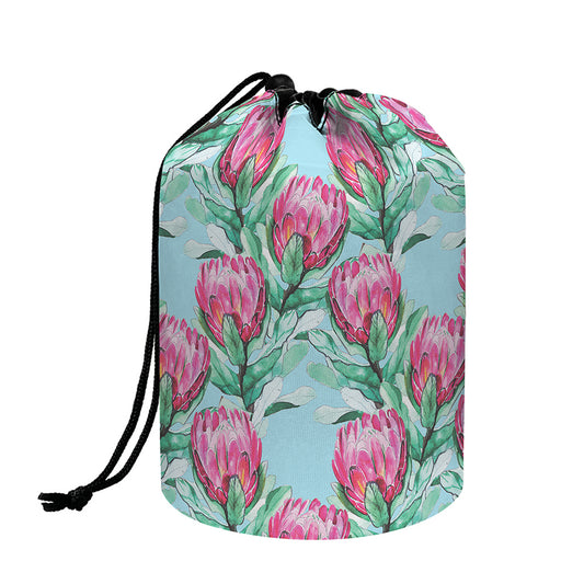 Pink Protea Pattern Print Drawstring Makeup Bag