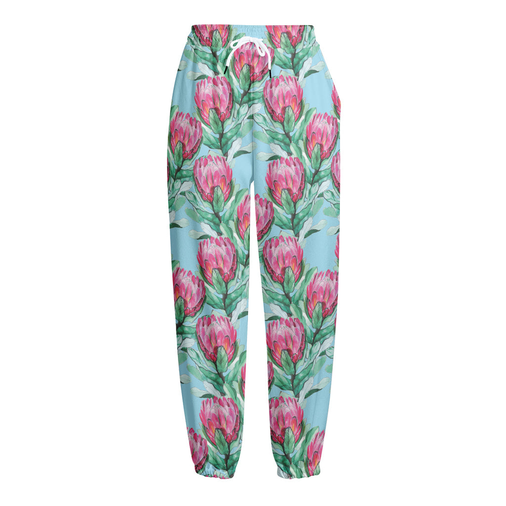 Pink Protea Pattern Print Fleece Lined Knit Pants