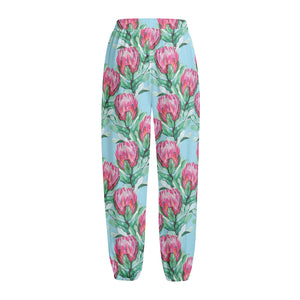 Pink Protea Pattern Print Fleece Lined Knit Pants