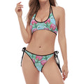 Pink Protea Pattern Print Halter Scoop Tie Side Bikini