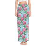 Pink Protea Pattern Print High Slit Maxi Skirt