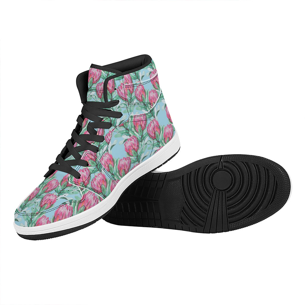 Pink Protea Pattern Print High Top Leather Sneakers