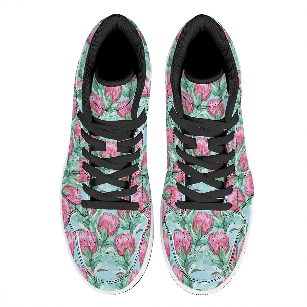 Pink Protea Pattern Print High Top Leather Sneakers