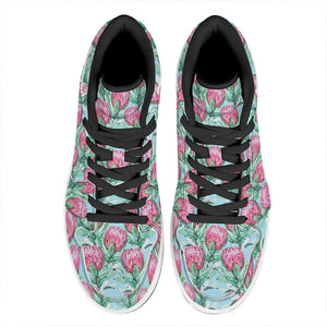 Pink Protea Pattern Print High Top Leather Sneakers