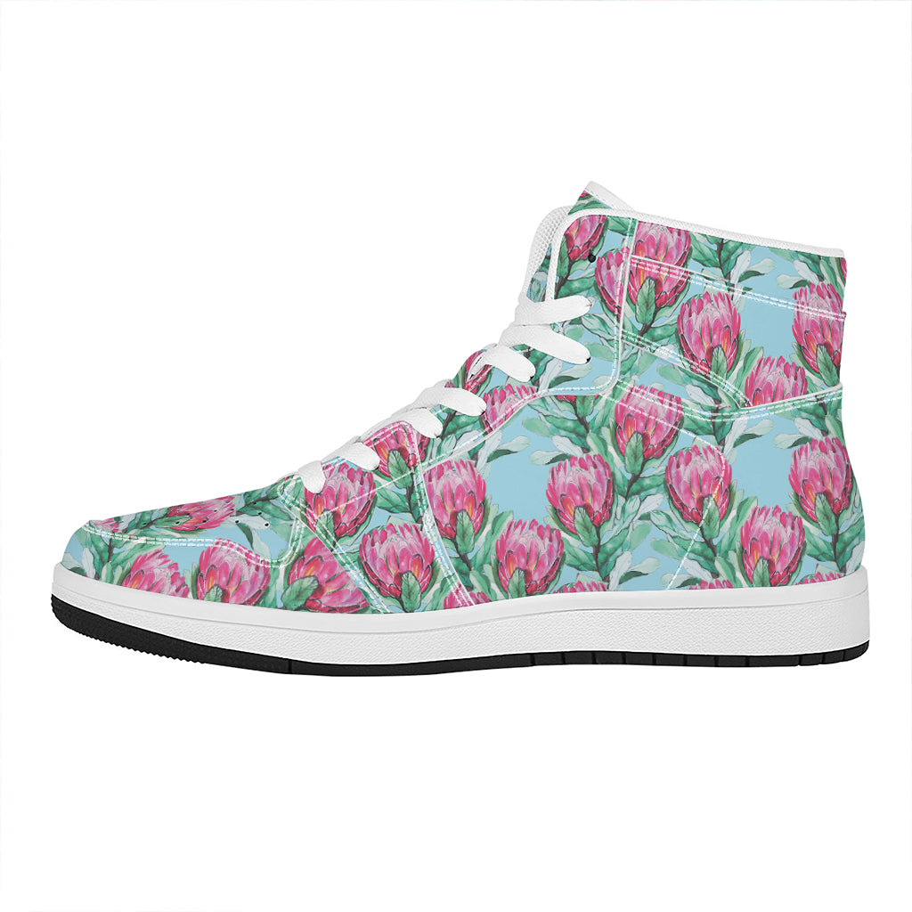 Pink Protea Pattern Print High Top Leather Sneakers