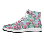 Pink Protea Pattern Print High Top Leather Sneakers