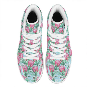 Pink Protea Pattern Print High Top Leather Sneakers