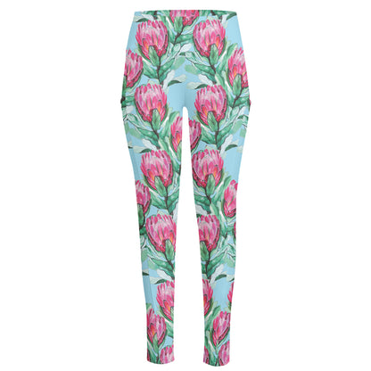 Pink Protea Pattern Print High-Waisted Pocket Leggings