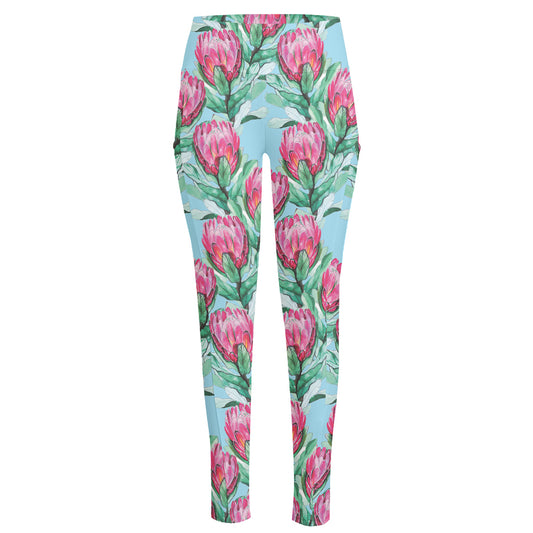 Pink Protea Pattern Print High-Waisted Pocket Leggings
