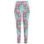 Pink Protea Pattern Print High-Waisted Pocket Leggings