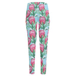 Pink Protea Pattern Print High-Waisted Pocket Leggings