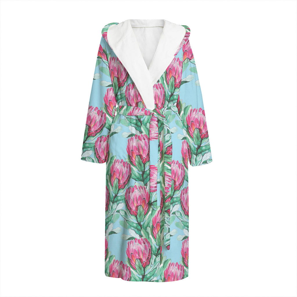 Pink Protea Pattern Print Hooded Bathrobe