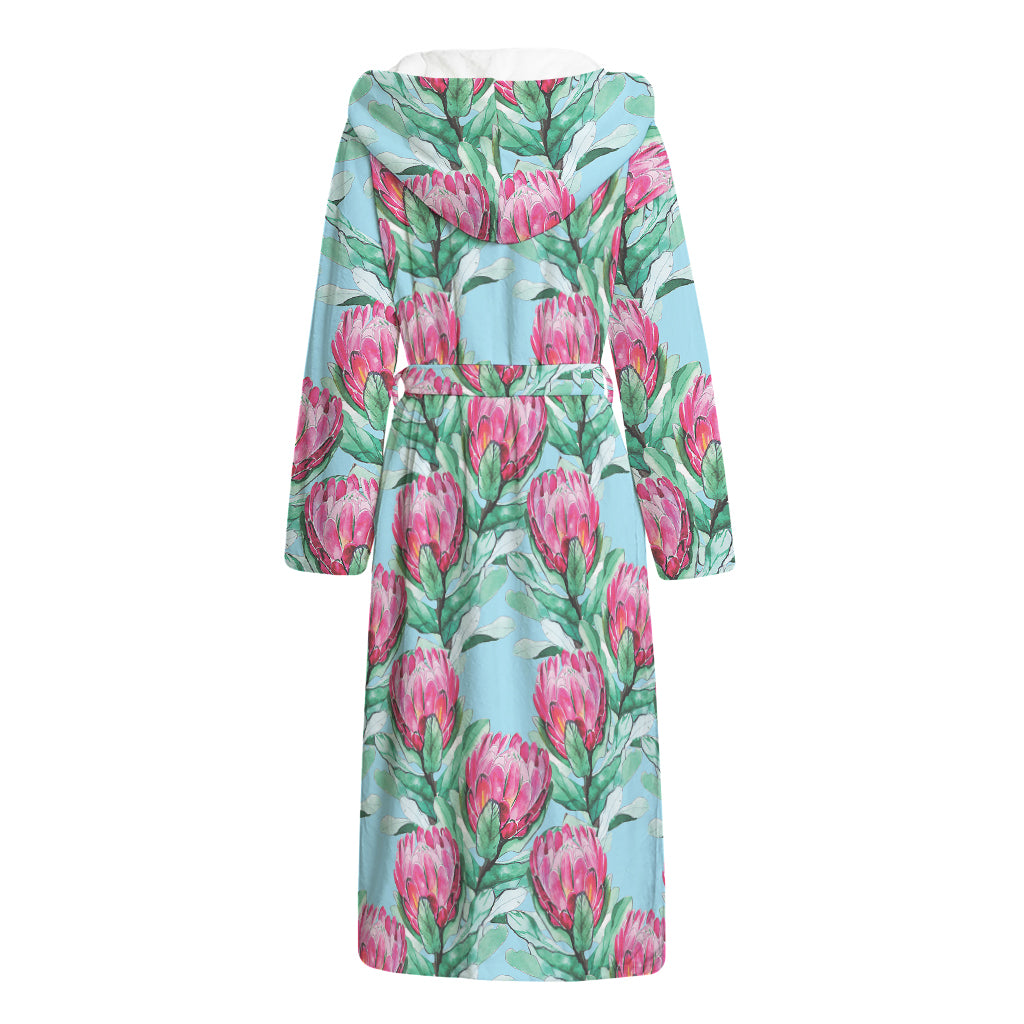 Pink Protea Pattern Print Hooded Bathrobe