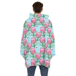 Pink Protea Pattern Print Hoodie Blanket