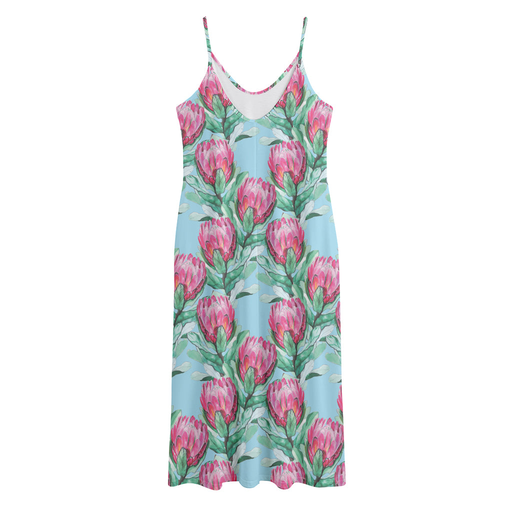 Pink Protea Pattern Print Jersey Midi Cami Dress