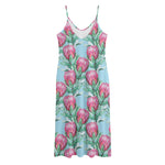 Pink Protea Pattern Print Jersey Midi Cami Dress