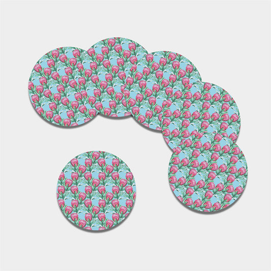 Pink Protea Pattern Print Leather Coaster Set
