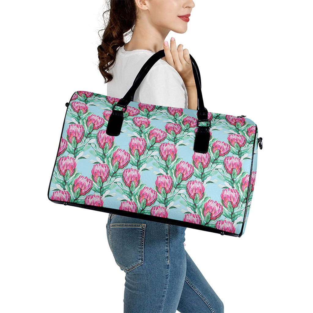 Pink Protea Pattern Print Leather Duffle Bag