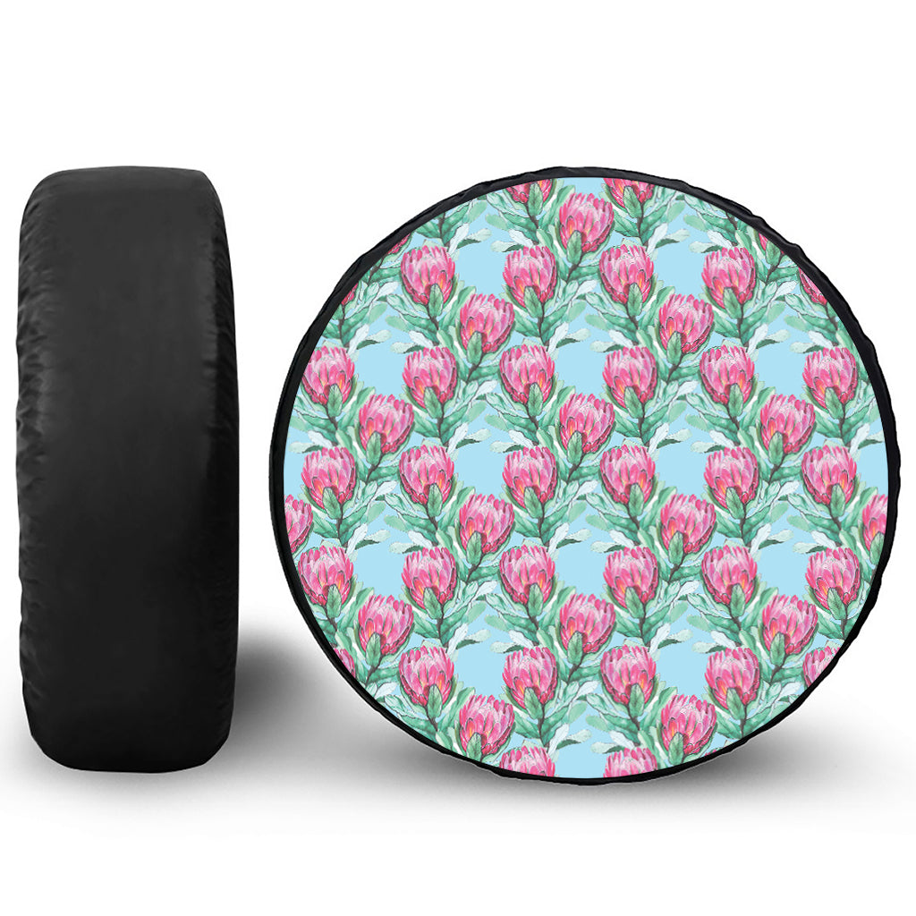 Pink Protea Pattern Print Leather Spare Tire Cover