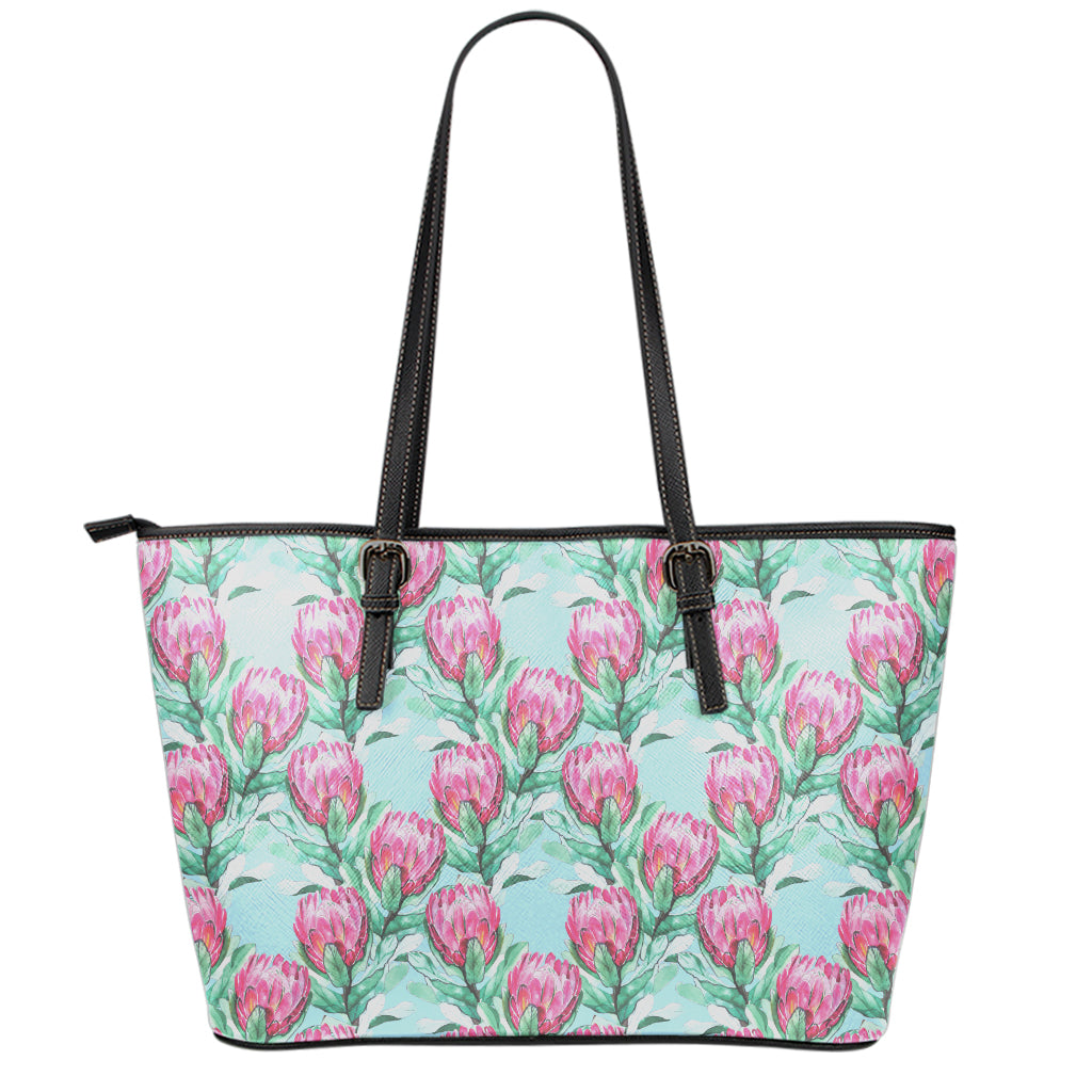 Pink Protea Pattern Print Leather Tote Bag