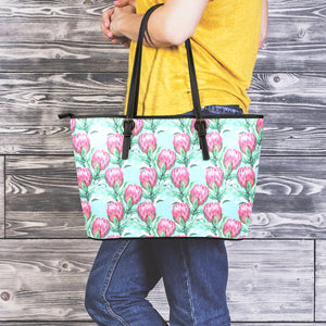 Pink Protea Pattern Print Leather Tote Bag